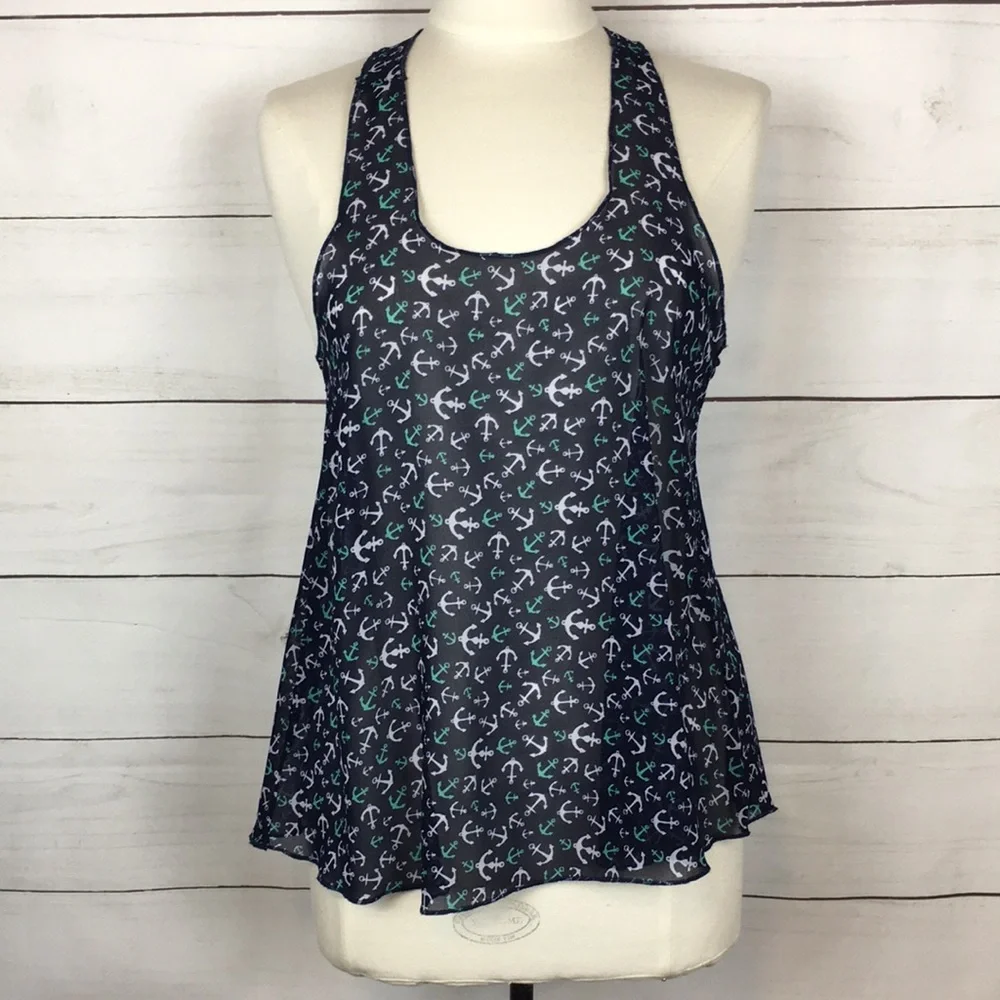 Lagaci Sheer Racerback Anchor Tank Top Navy S - Picture 3 of 9